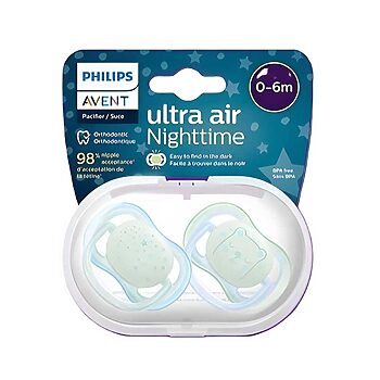 پستانک شب‌تاب ۰ تا ۶ ماه دوتایی فیلیپس اونت PHILIPS AVENT سری UltraAir مدل SCF376/11