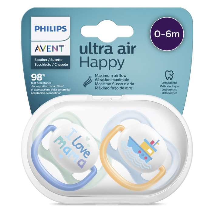 پستانک الترا ایر اونت scf080/01 پستانک ارتودنسی ۰ تا ۶ ماه دوتایی فیلیپس اونت PHILIPS AVENT سری UltraAir مدل SCF080/01