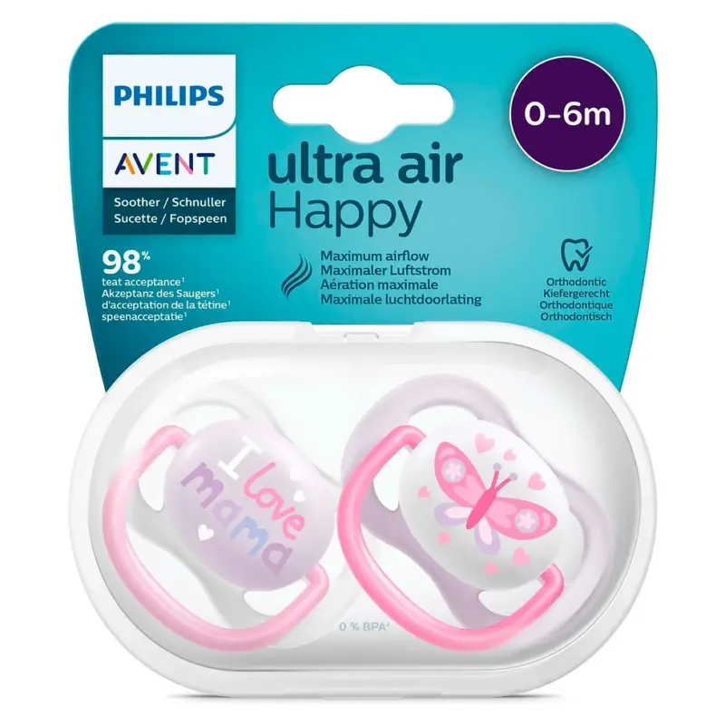 پستانک الترا ایر اونت scf080-02 پستانک ارتودنسی ۰ تا ۶ ماه دوتایی فیلیپس اونت PHILIPS AVENT سری UltraAir مدل SCF080/02