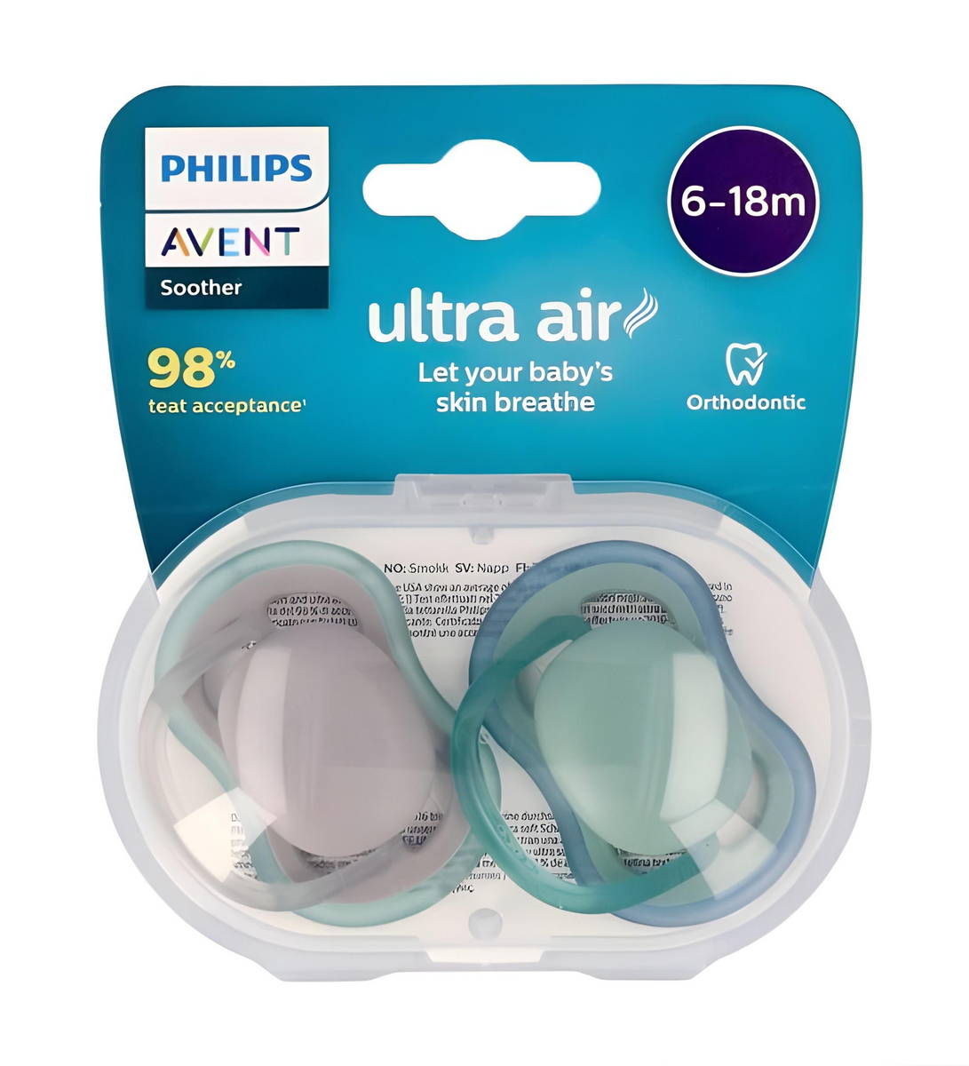 پستانک ارتودنسی ۶ تا ۱۸ ماه دوتایی فیلیپس اونت PHILIPS AVENT سری UltraAir مدل SCF085/16-2