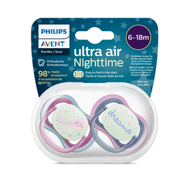 پستانک ارتودنسی شب‌تاب ۶ تا ۱۸ ماه دوتایی فیلیپس اونت PHILIPS AVENT سری UltraAir مدل SCF376/14