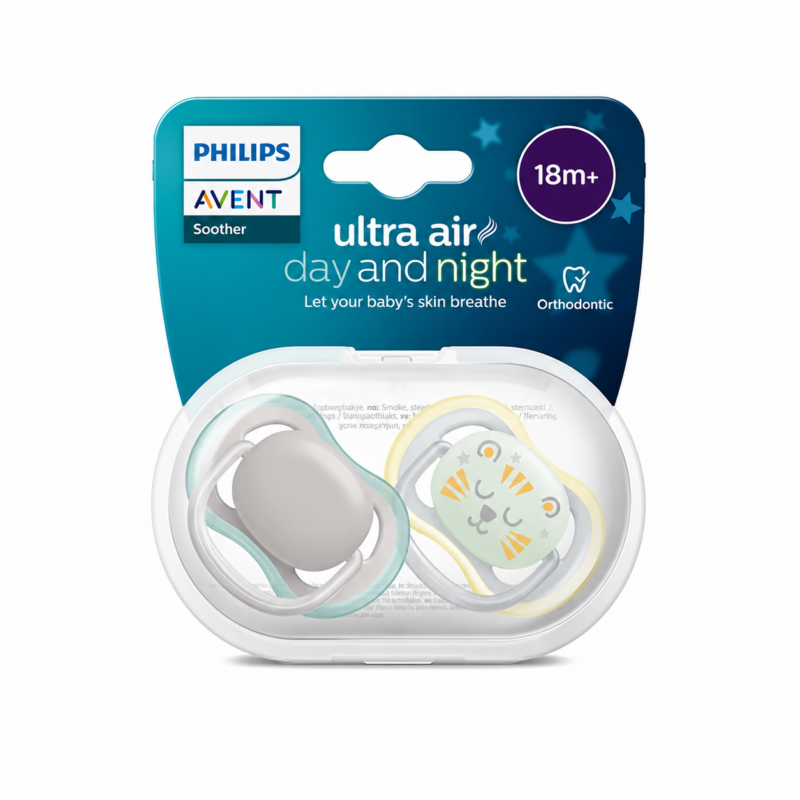 philips-avent-ultra-air-day-night-pacifier-scf349-26-cover پستانک ارتودنسی بالای ۱۸ ماه دوتایی شب و روز فیلیپس اونت سری UltraAir مدل SCF349/26